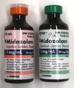 Images of benzodiazepine-midazolam in bottles.