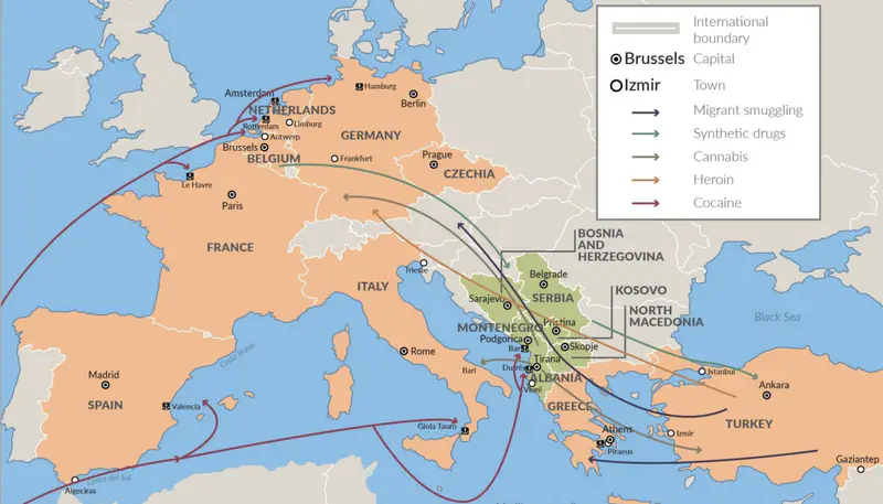 Map detailing the Balkan area of drug trafficing